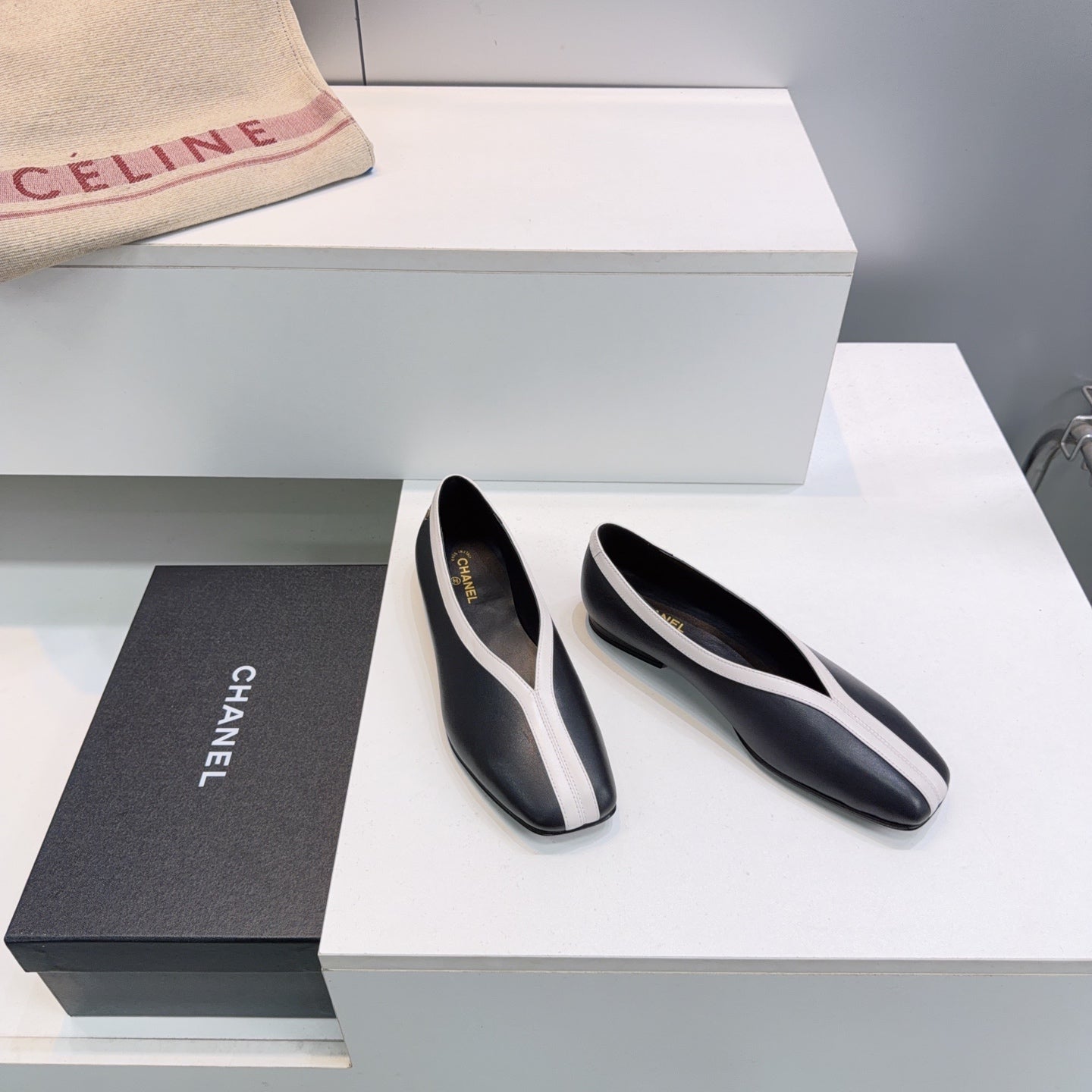 CHANEL 26S SQUARE-TOE FLATS IN BLACK LAMBSKIN WITH WHITE TRIM