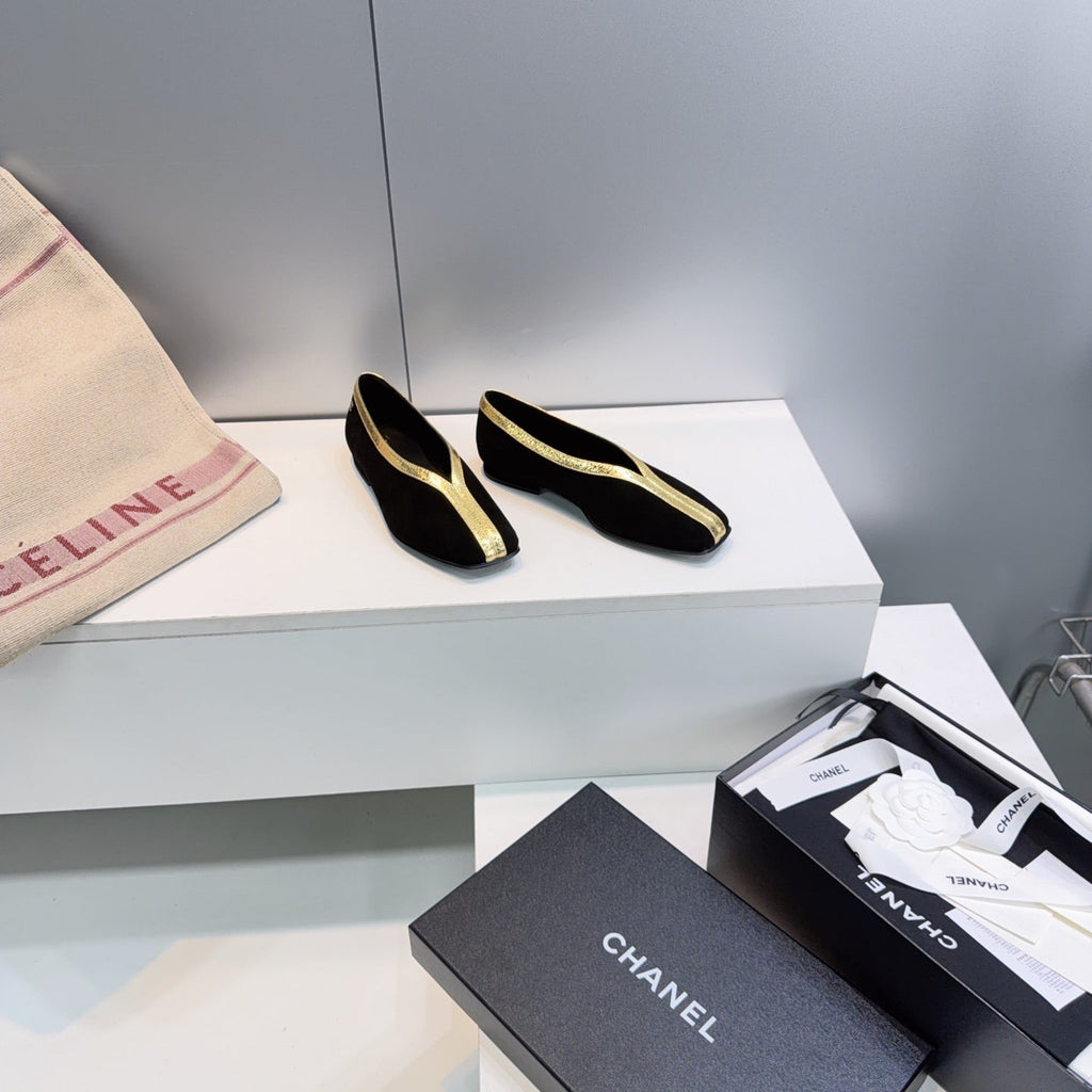 CHANEL 26S SQUARE-TOE FLATS IN BLACK SUEDE WITH GOLD PATENT TRIM