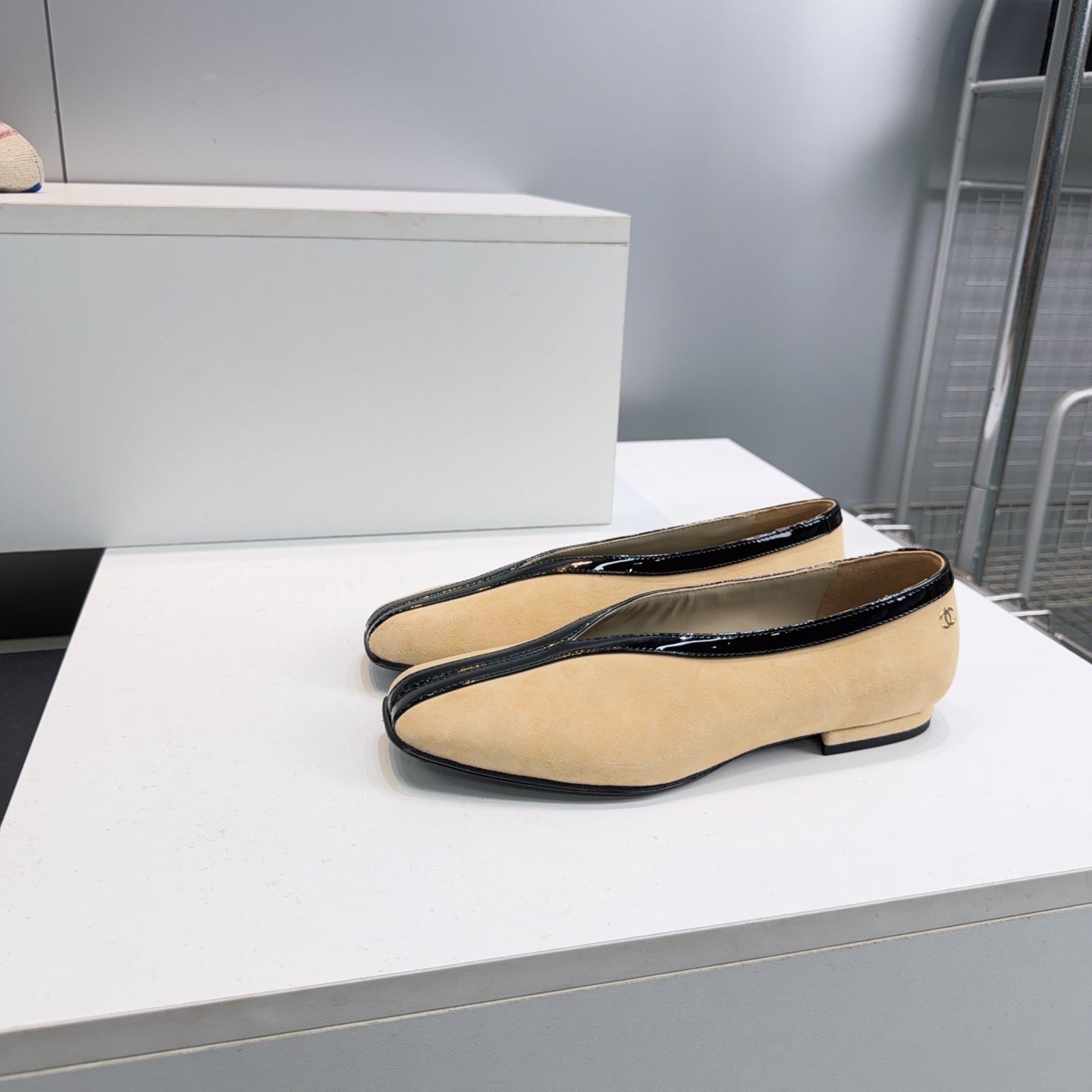 CHANEL 26S SQUARE-TOE FLATS IN BEIGE SUEDE WITH BLACK PATENT TRIM