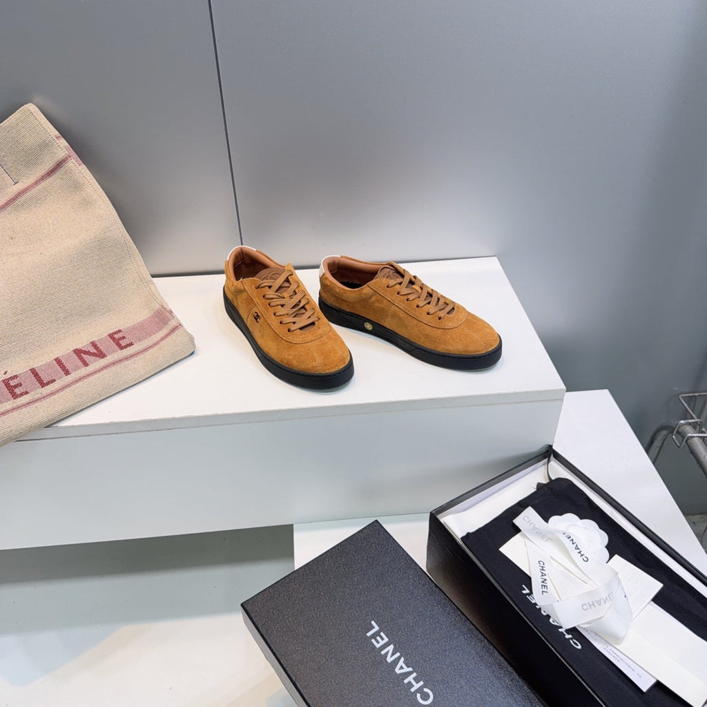 CHANEL 26S GUM SOLE SNEAKERS IN MUSTARD BROWN SUEDE