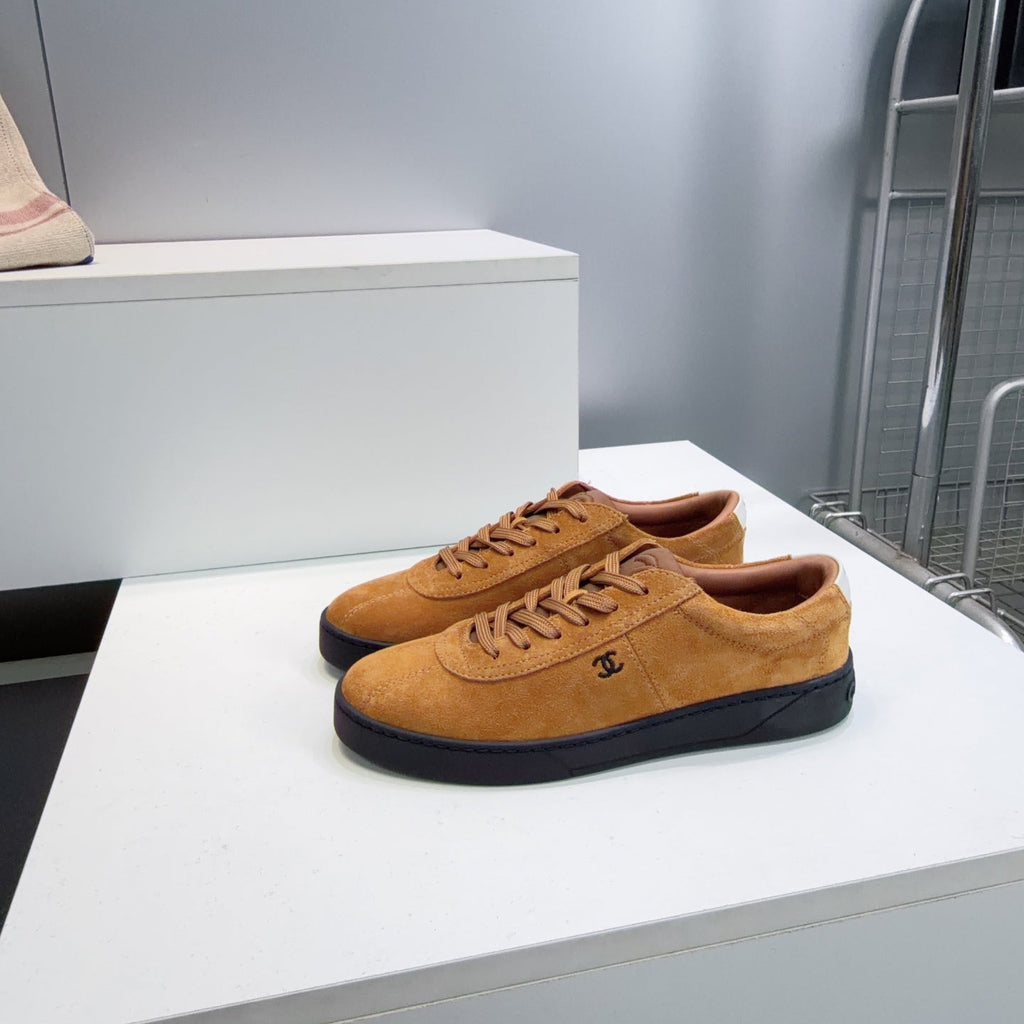 CHANEL 26S GUM SOLE SNEAKERS IN MUSTARD BROWN SUEDE