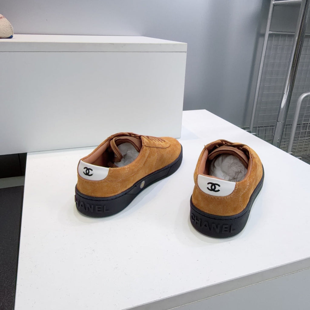 CHANEL 26S GUM SOLE SNEAKERS IN MUSTARD BROWN SUEDE