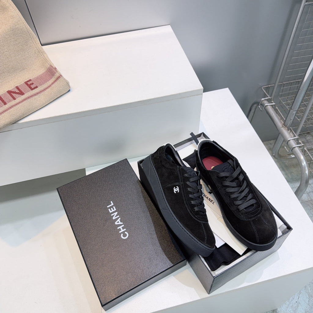CHANEL 26S GUM SOLE SNEAKERS IN BLACK SUEDE