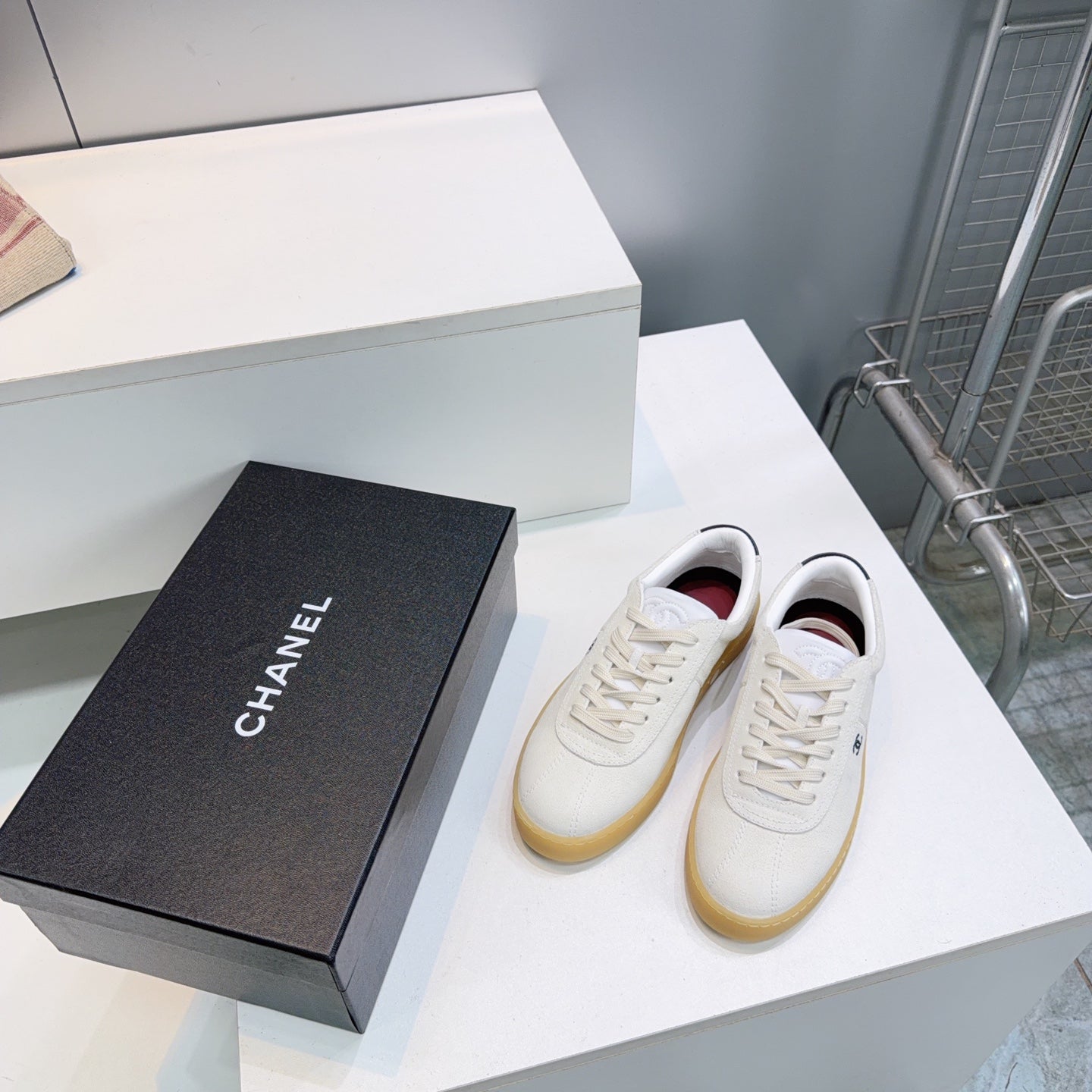 CHANEL 26S GUM SOLE SNEAKERS IN OFF-WHITE SUEDE