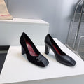 CHANEL 26S SQUARE-TOE HIGH HEELS 95 MM IN BLACK SUEDE AND LAMBSKIN