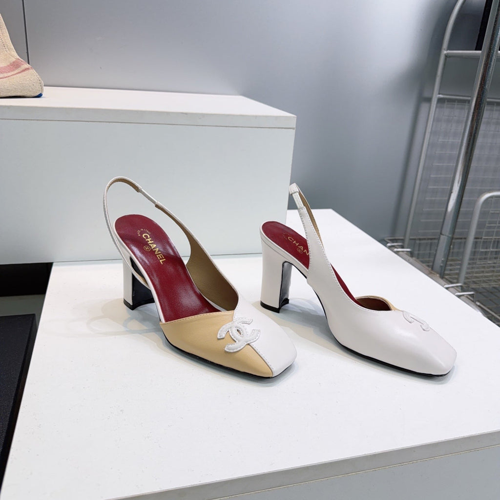 CHANEL 26S SLINGBACK 100 MM IN BEIGE AND WHITE LAMBSKIN