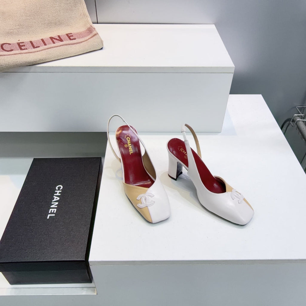 CHANEL 26S SLINGBACK 100 MM IN BEIGE AND WHITE LAMBSKIN