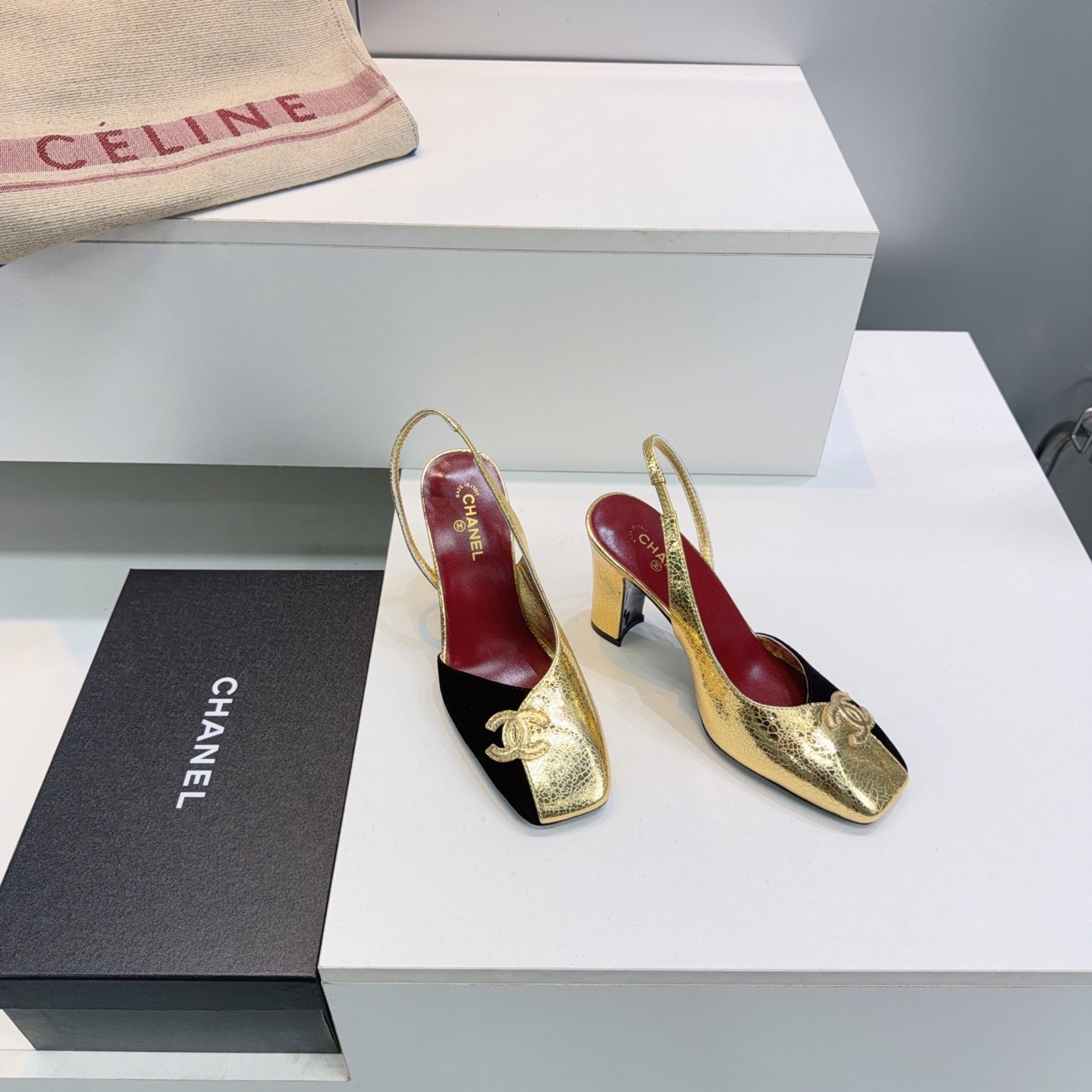 CHANEL 26S SLINGBACK 100 MM IN GOLD LAMBSKIN AND BLACK SUEDE