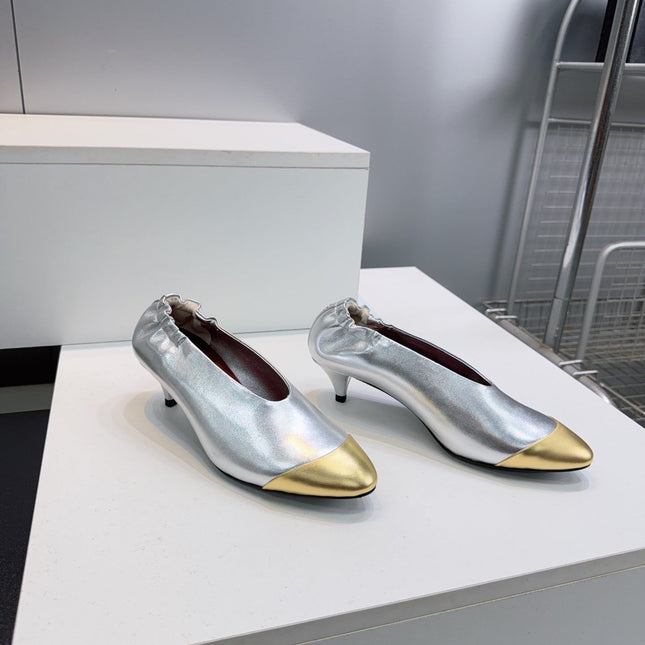 CHANEL 26S COLOR-BLOCK HIGH HEELS 45 MM IN SILVER AND GOLD LAMBSKIN