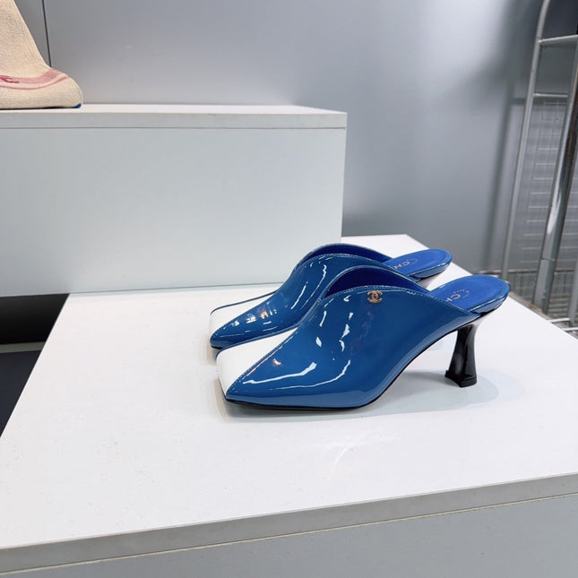 CHANEL 26S HIGH-HEEL MULES 70 MM IN BLUE AND WHITE LAMBSKIN