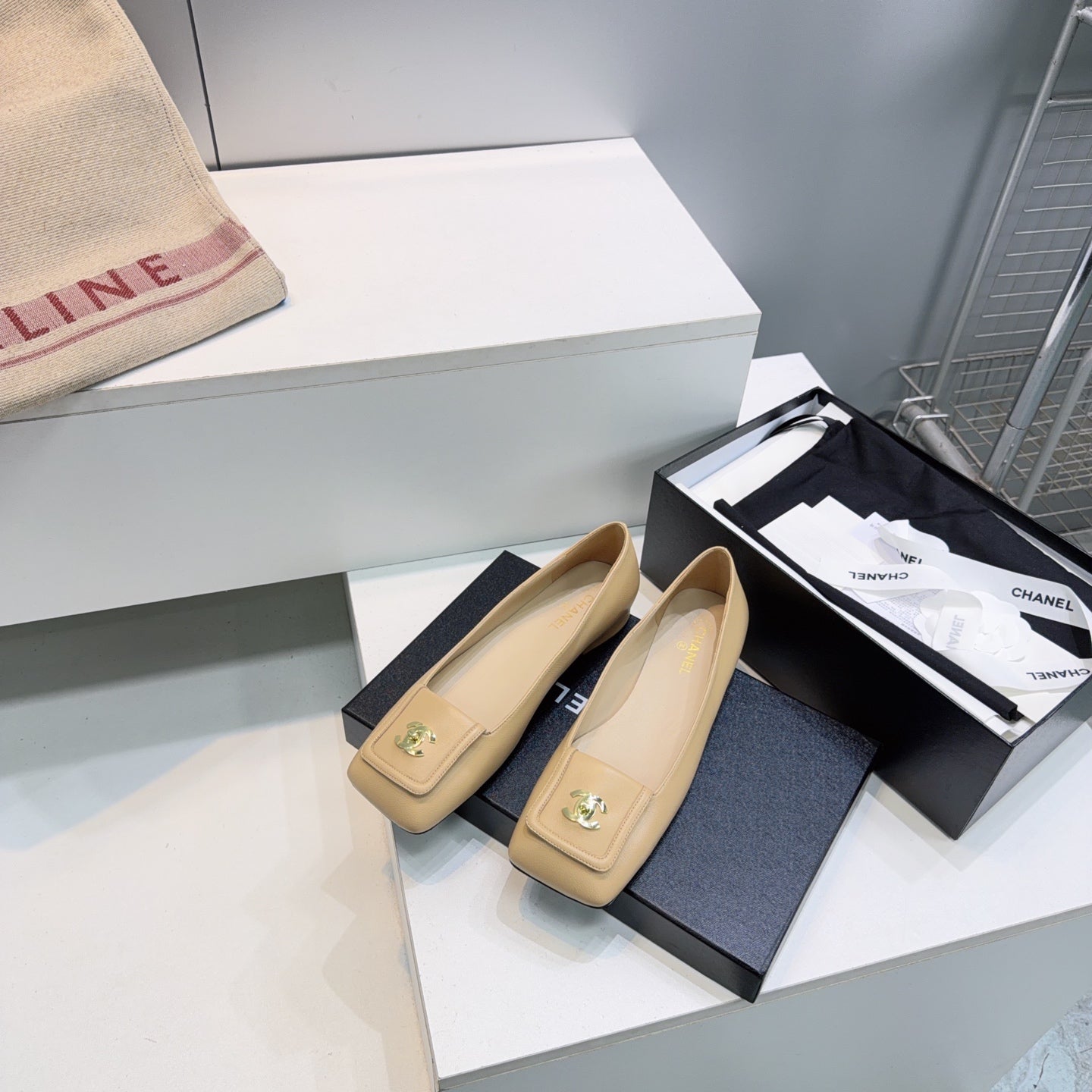 CHANEL 26S SQUARE-TOE BALLET FLATS IN BEIGE LAMBSKIN