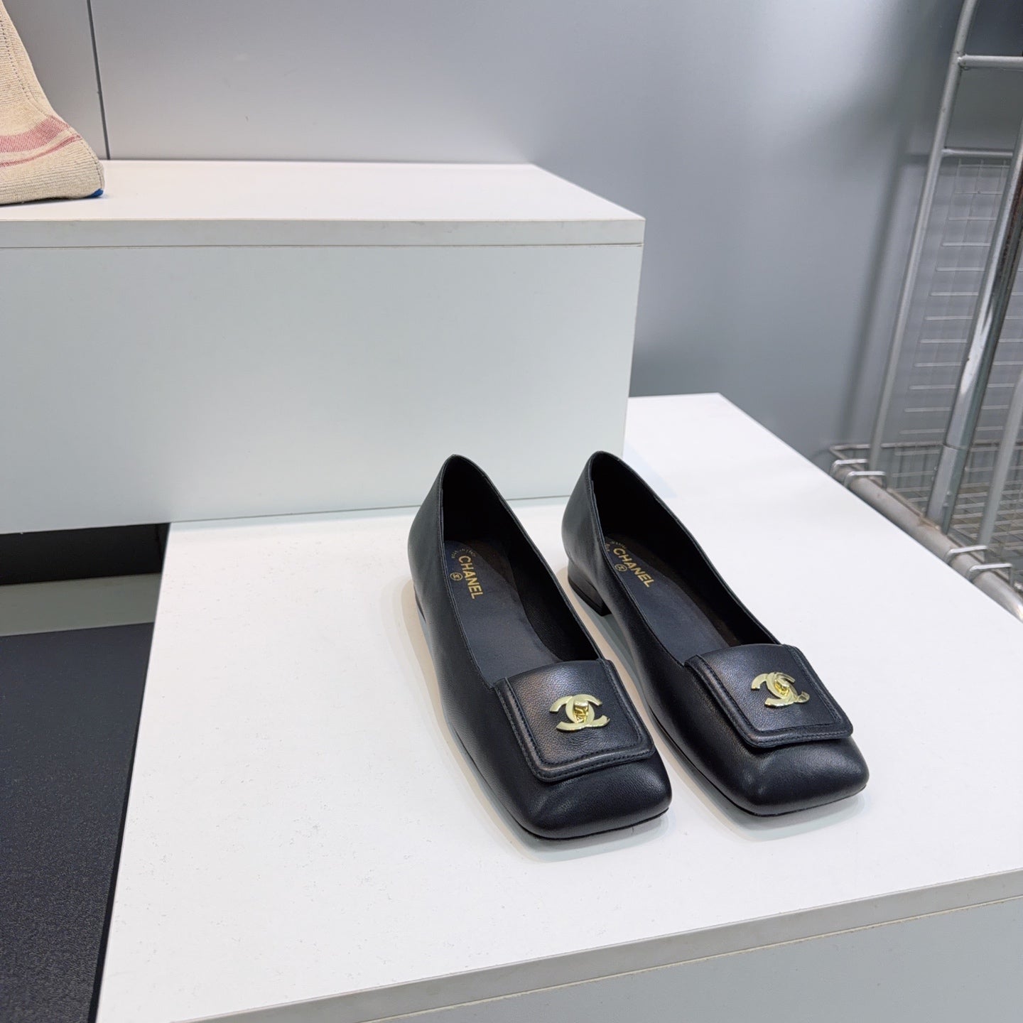 CHANEL 26S SQUARE-TOE BALLET FLATS IN BLACK LAMBSKIN
