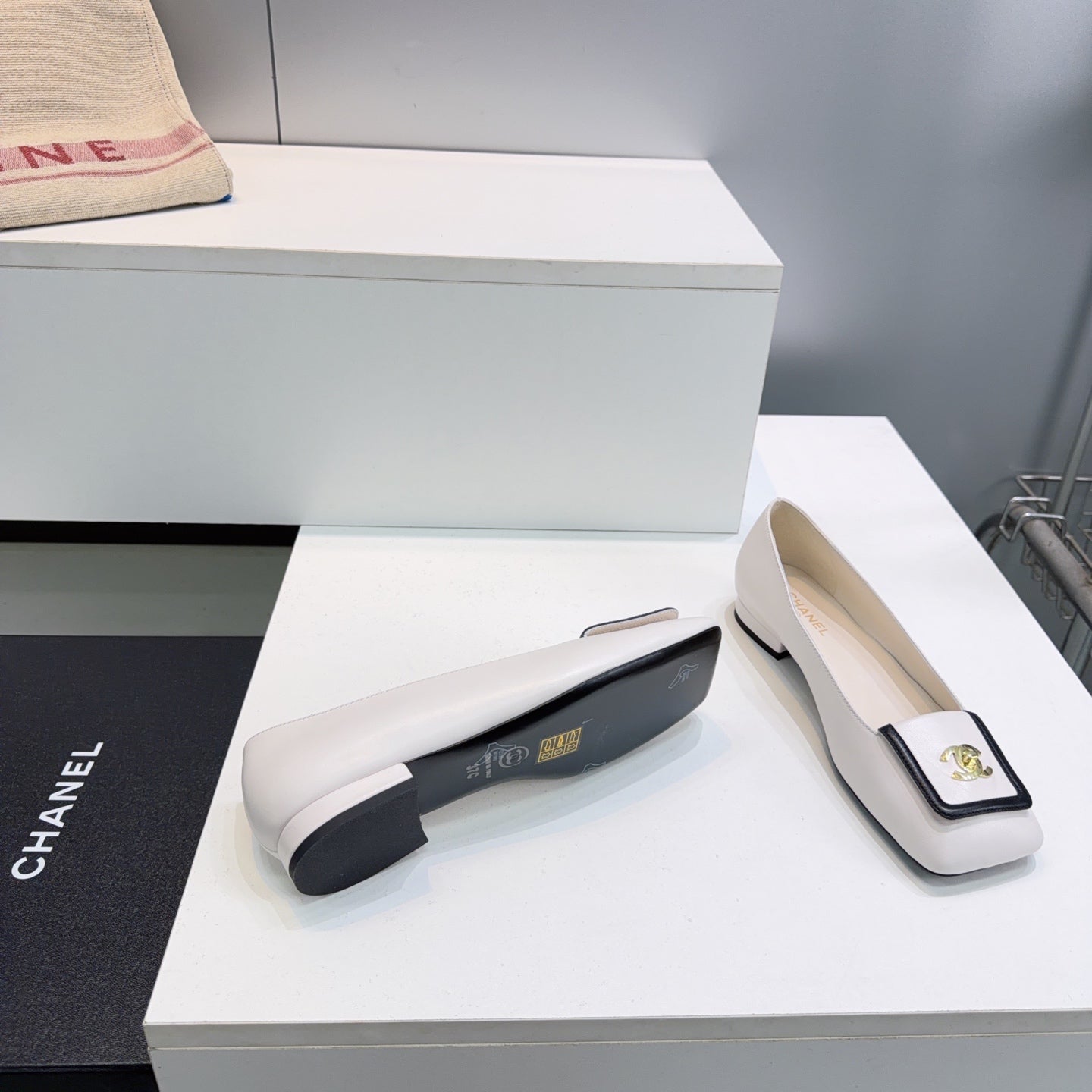 CHANEL 26S SQUARE-TOE BALLET FLATS IN WHITE WITH BLACK TRIM LAMBSKIN