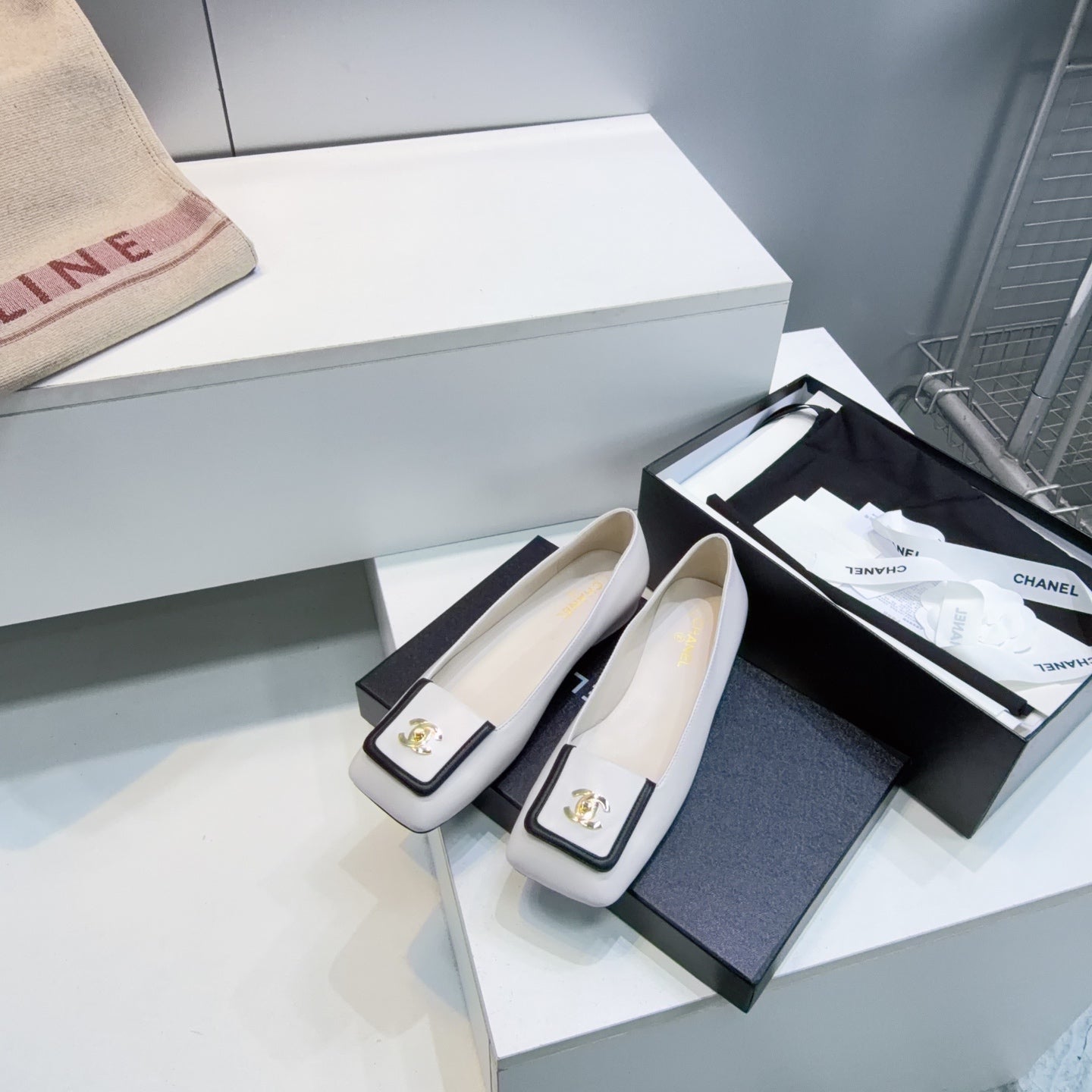 CHANEL 26S SQUARE-TOE BALLET FLATS IN WHITE WITH BLACK TRIM LAMBSKIN