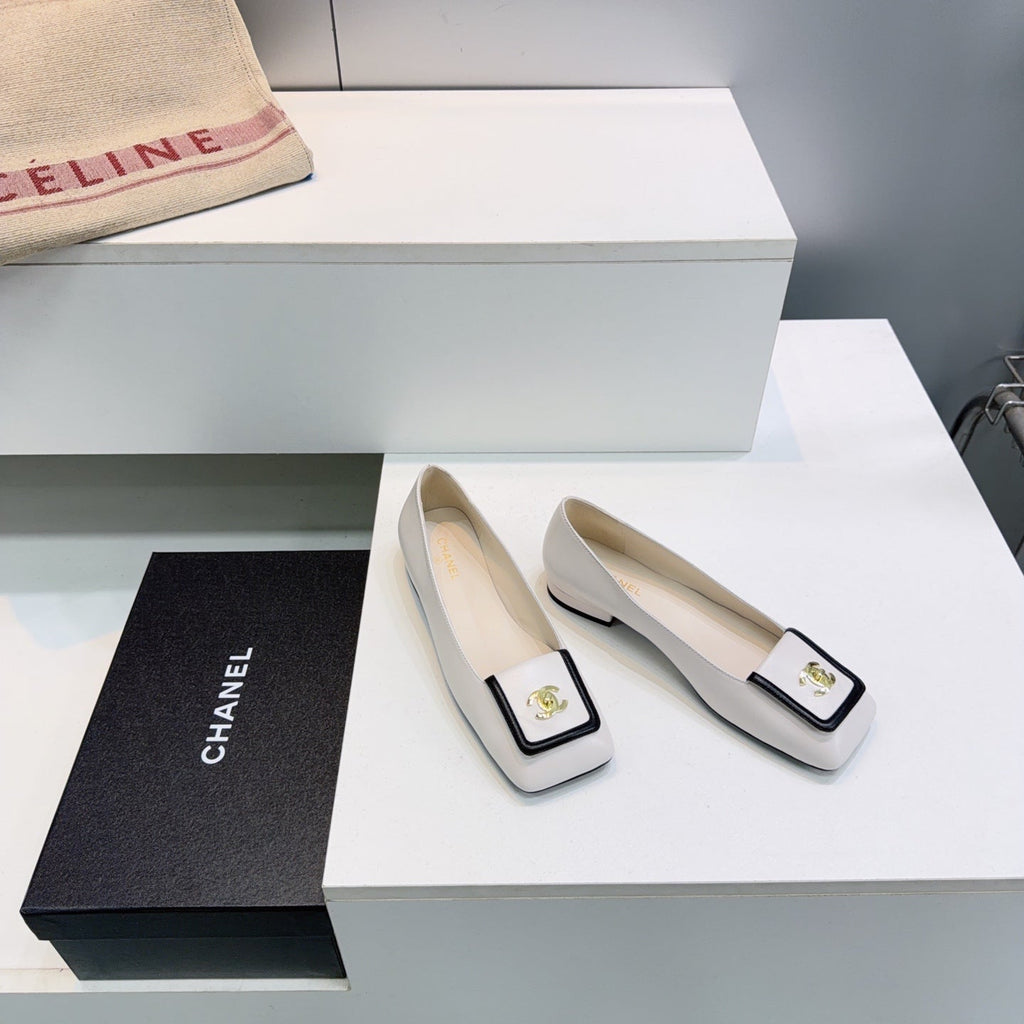 CHANEL 26S SQUARE-TOE BALLET FLATS IN WHITE WITH BLACK TRIM LAMBSKIN
