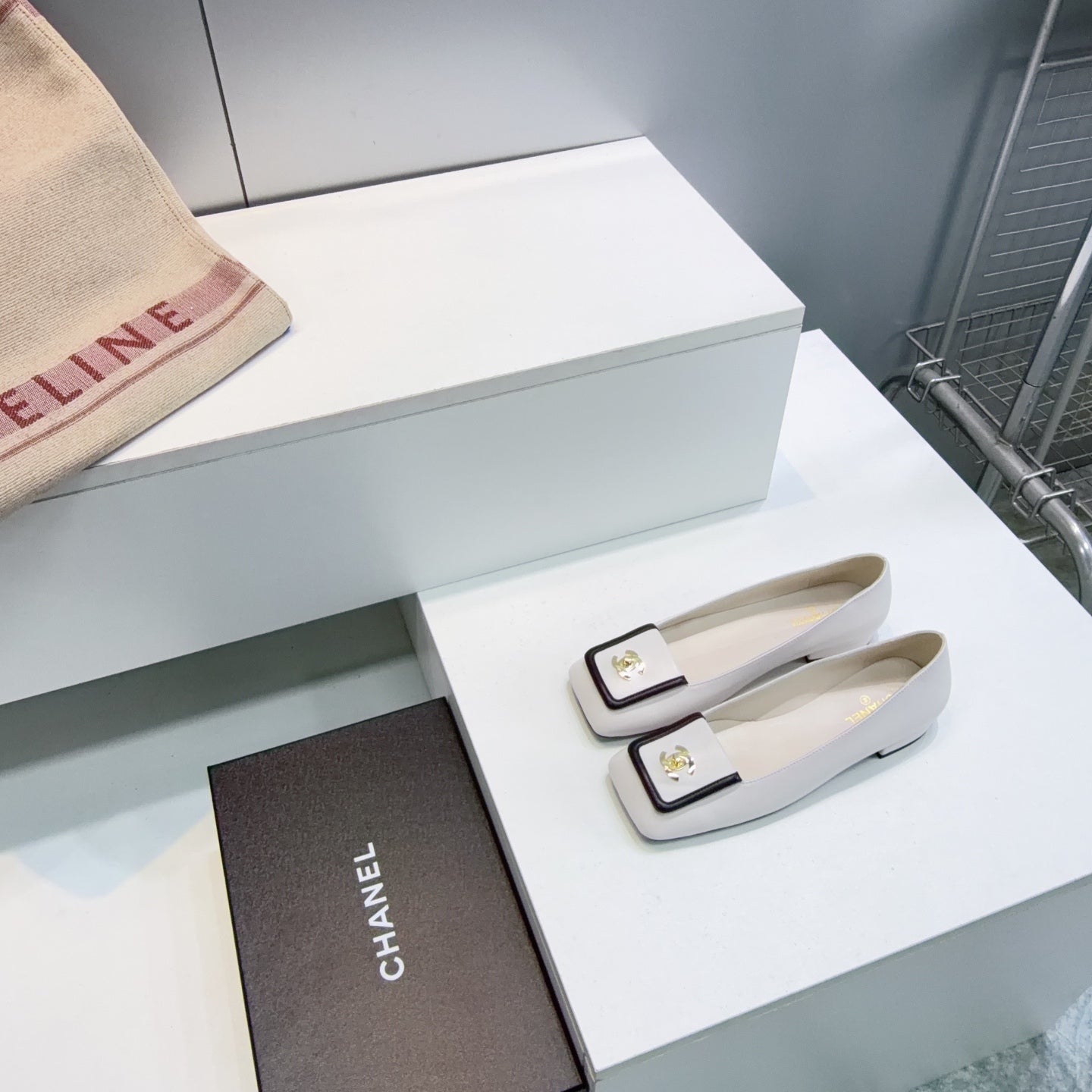 CHANEL 26S SQUARE-TOE BALLET FLATS IN WHITE WITH BLACK TRIM LAMBSKIN