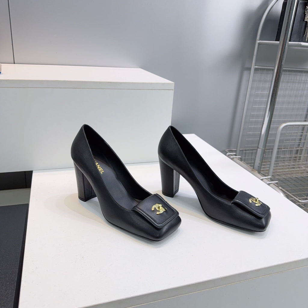 CHANEL 26S SQUARE-TOE HIGH HEELS 95 MM IN BLACK LAMBSKIN