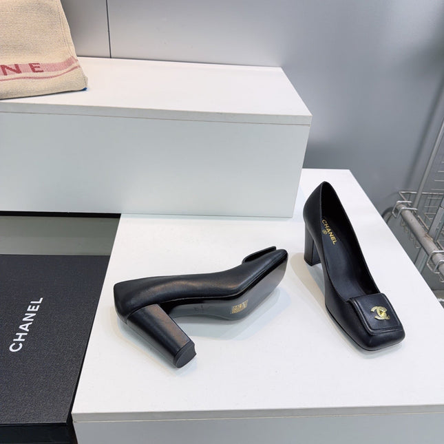 CHANEL 26S SQUARE-TOE HIGH HEELS 95 MM IN BLACK LAMBSKIN