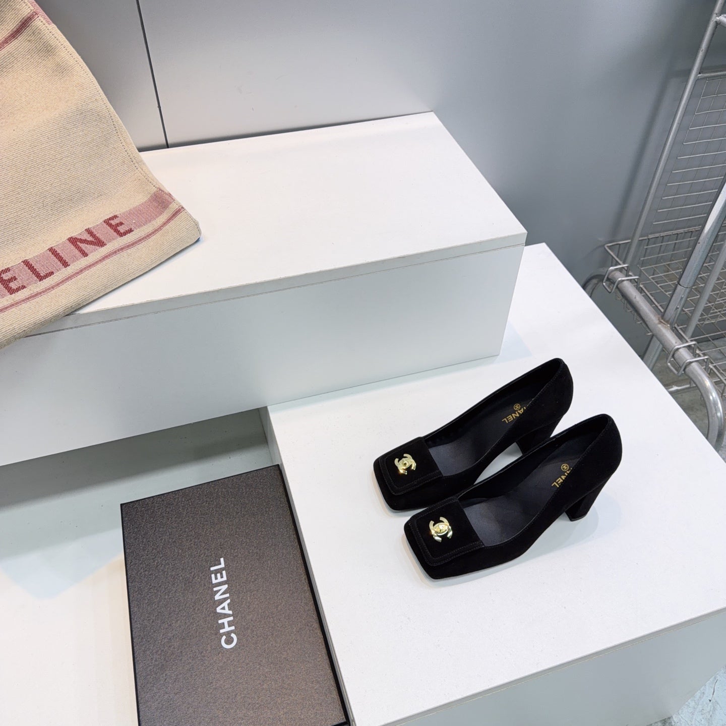 CHANEL 26S SQUARE-TOE HIGH HEELS 95 MM IN BLACK SUEDE