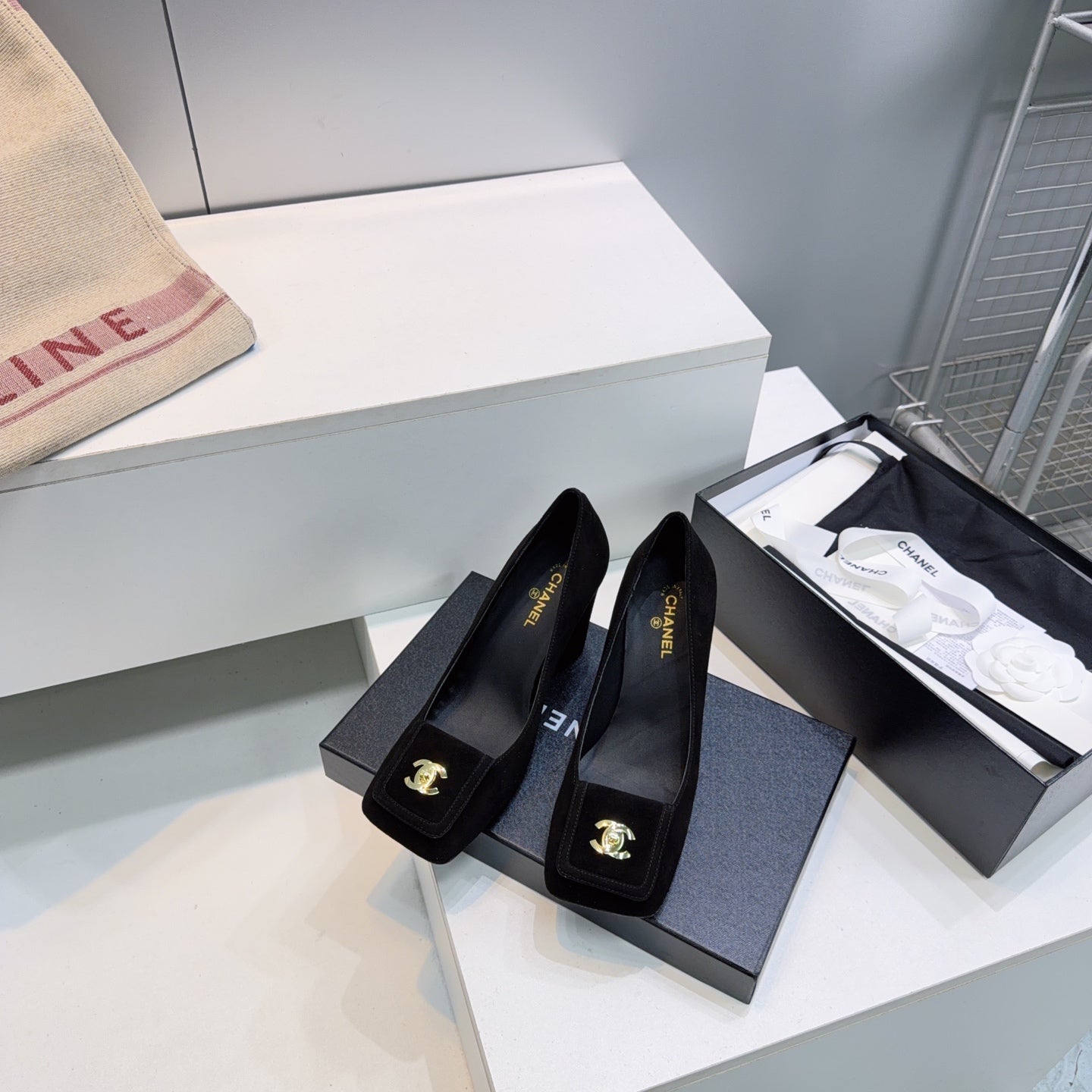 CHANEL 26S SQUARE-TOE HIGH HEELS 95 MM IN BLACK SUEDE