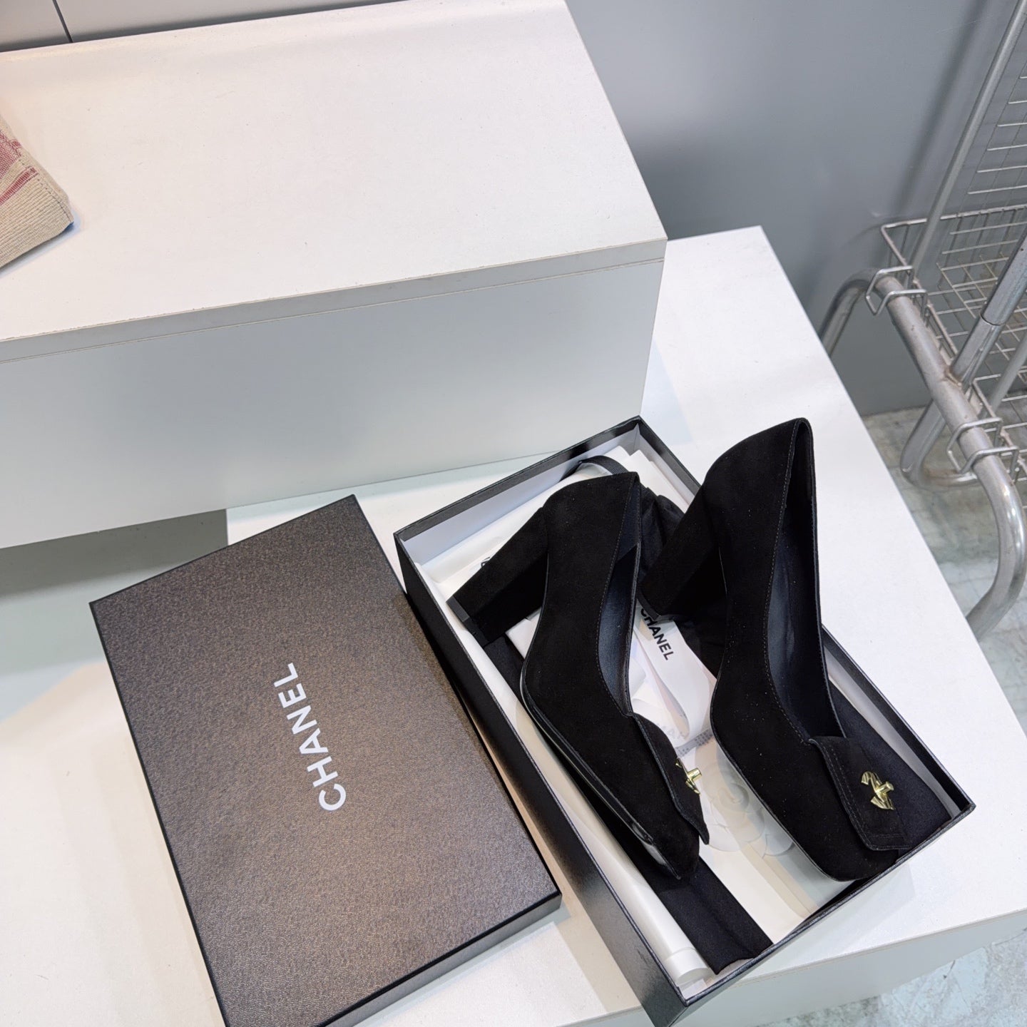 CHANEL 26S SQUARE-TOE HIGH HEELS 95 MM IN BLACK SUEDE