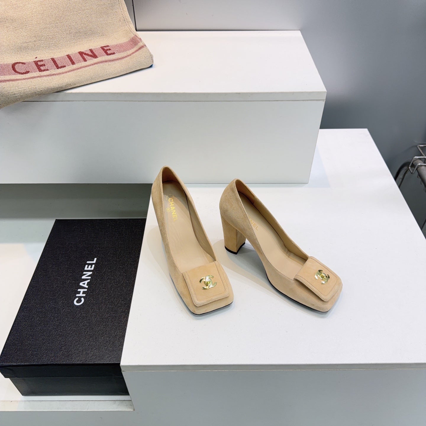 CHANEL 26S SQUARE-TOE HIGH HEELS 95 MM IN BEIGE SUEDE