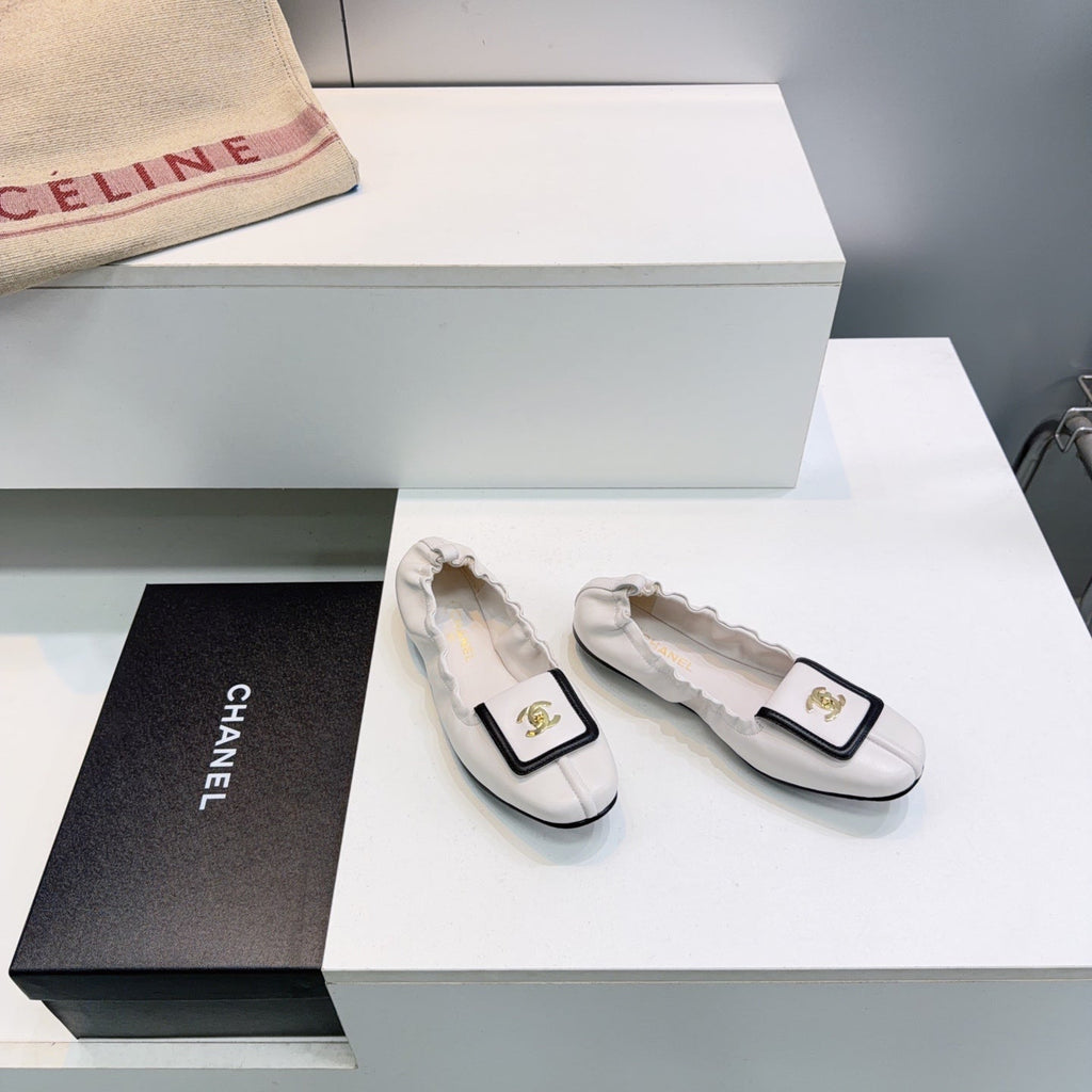 CHANEL 26S BALLERINA FLATS IN WHITE WITH BLACK TRIM LAMBSKIN