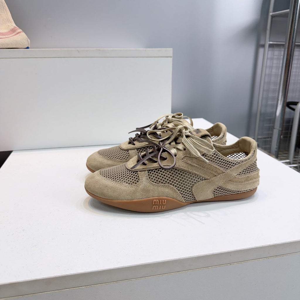 MIUMIU 26S SNEAKERS IN OLIVE BROWN MESH AND SUEDE