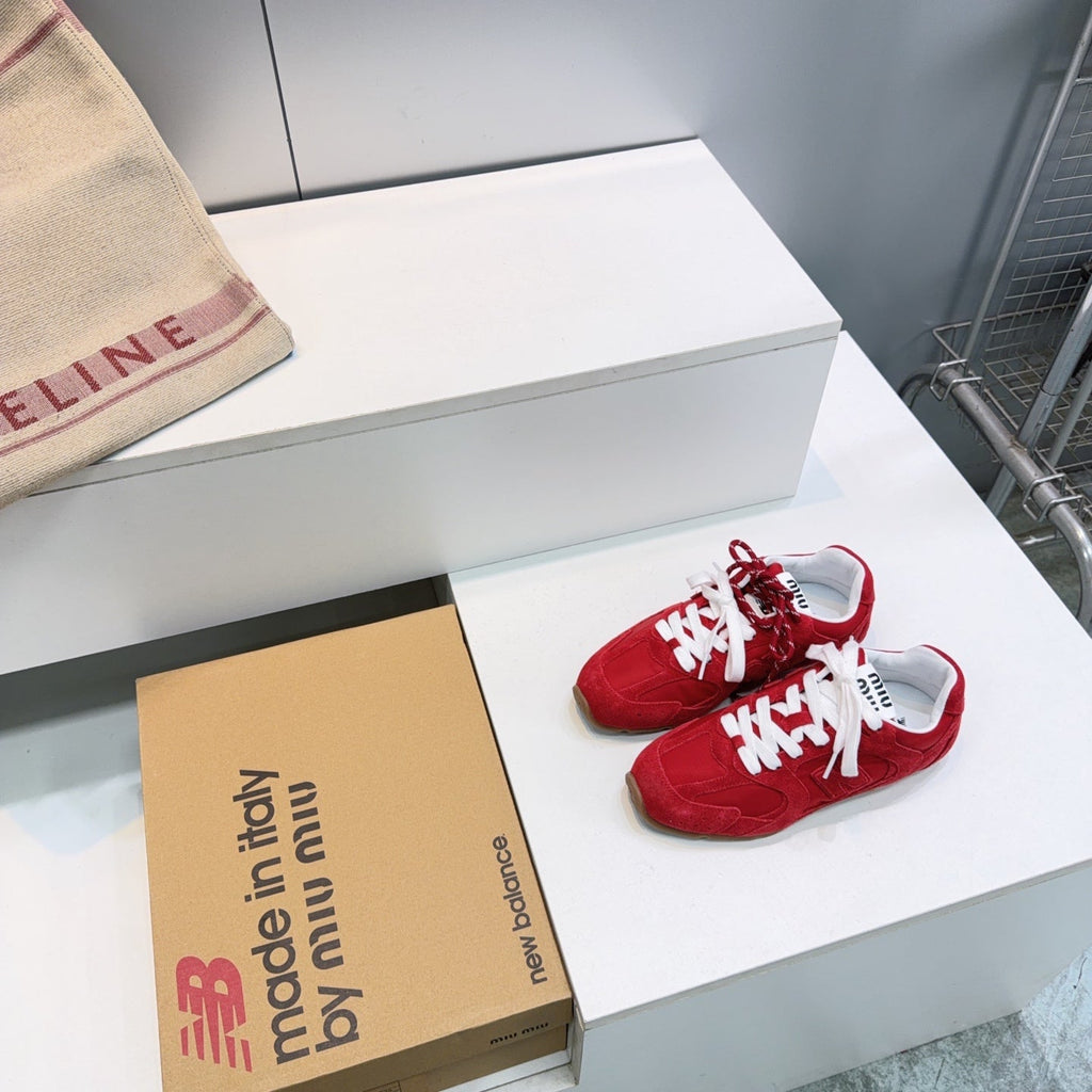 MIUMIU 26S NEW BALANCE SNEAKERS IN DARK RED SUEDE & FABRIC