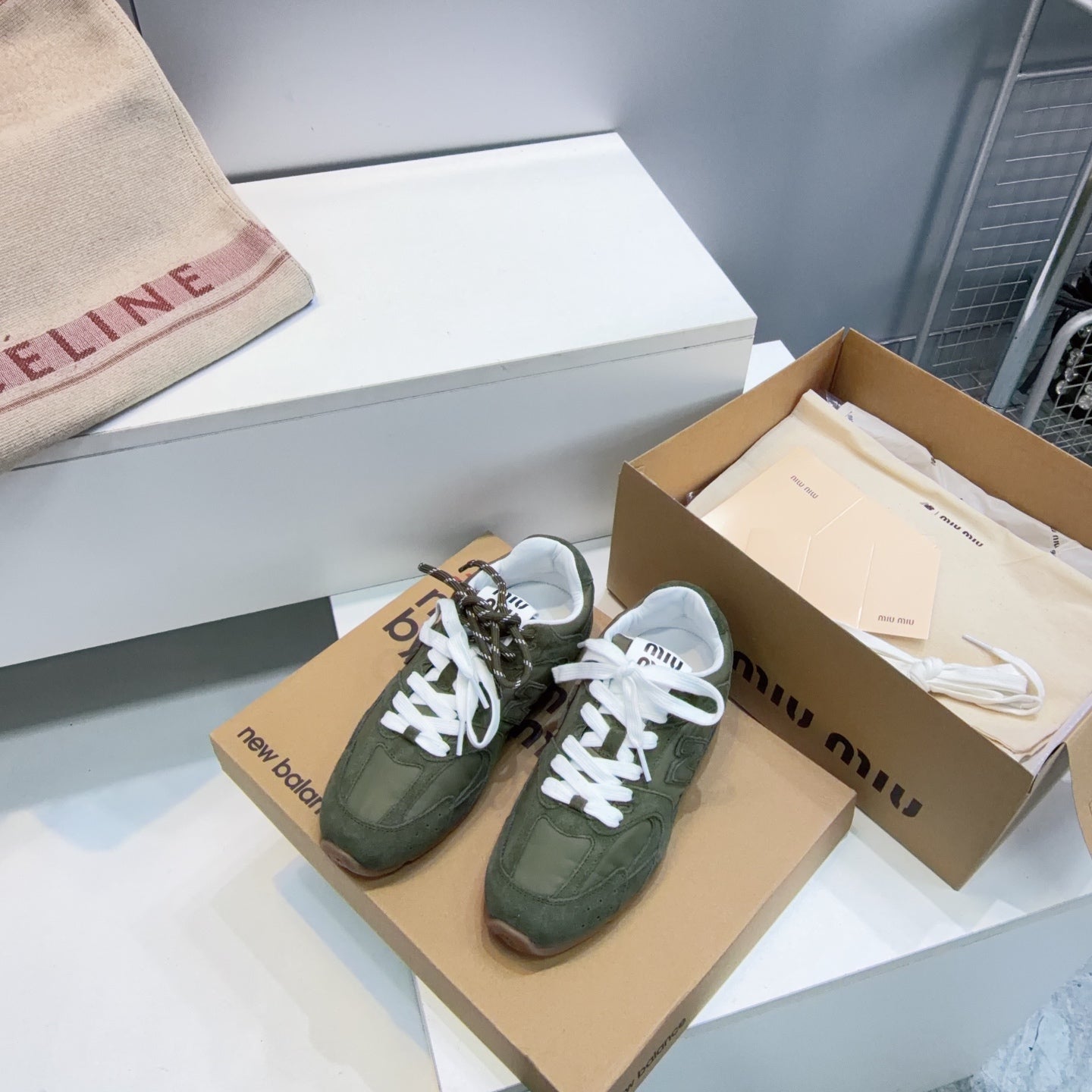 MIUMIU 26S NEW BALANCE SNEAKERS IN OLIVE GREEN SUEDE & FABRIC