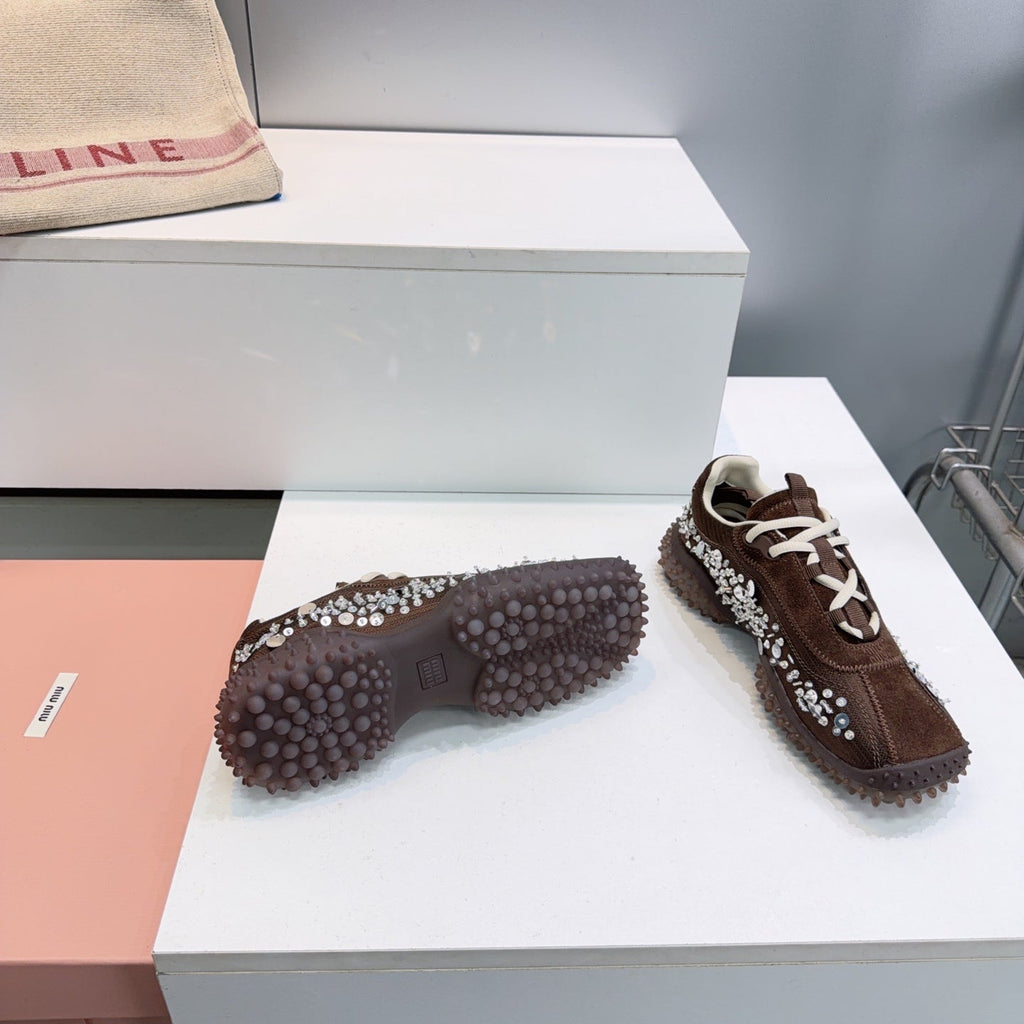 MIUMIU 26S SNEAKERS IN DARK BROWN FABRIC AND SUEDE CRYSTAL EMBELLISHED
