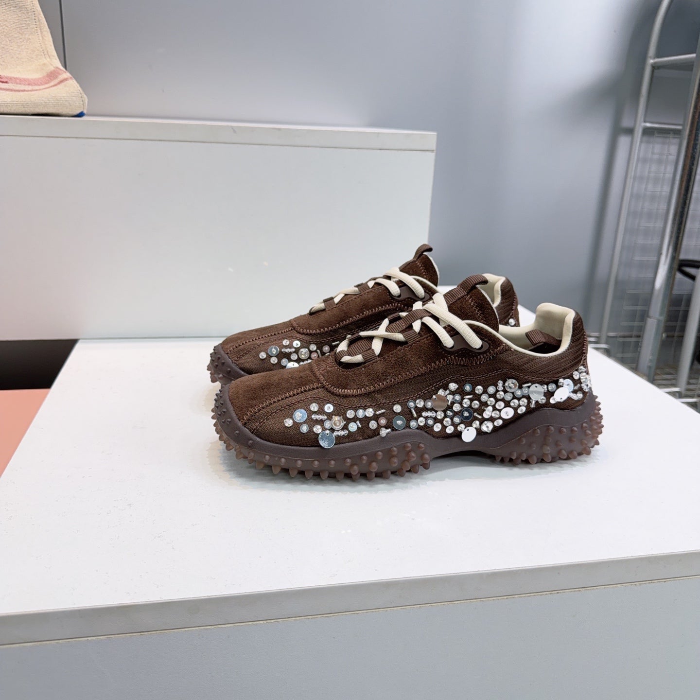 MIUMIU 26S SNEAKERS IN DARK BROWN FABRIC AND SUEDE CRYSTAL EMBELLISHED