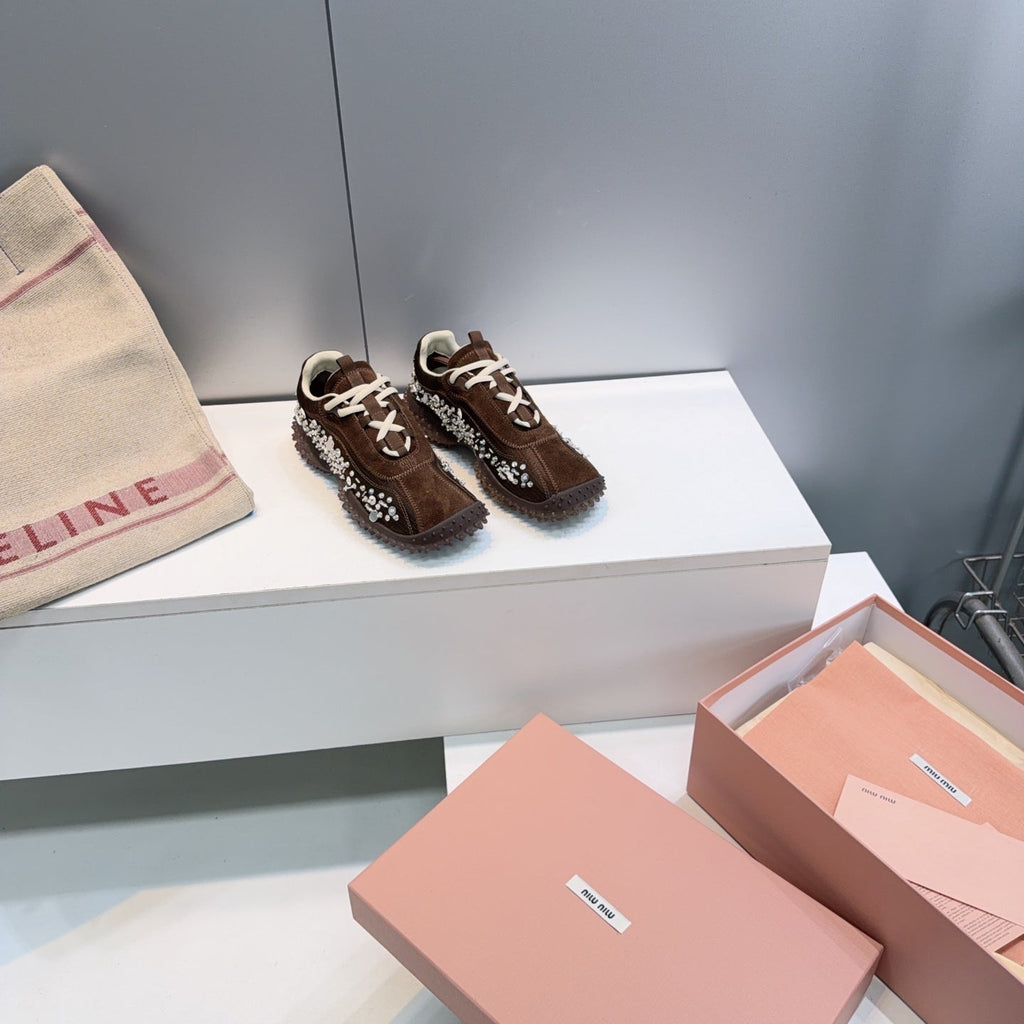 MIUMIU 26S SNEAKERS IN DARK BROWN FABRIC AND SUEDE CRYSTAL EMBELLISHED