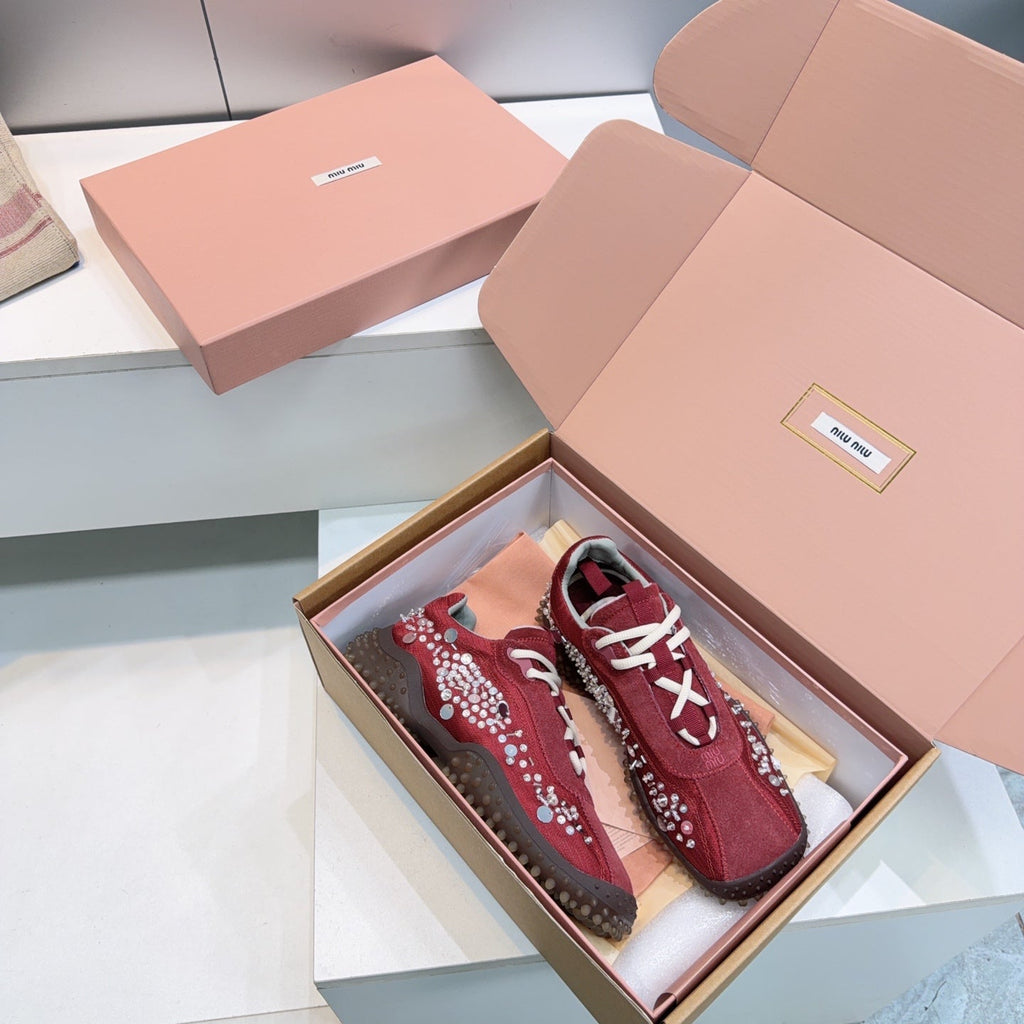 MIUMIU 26S SNEAKERS IN DARK RED FABRIC AND SUEDE CRYSTAL EMBELLISHED