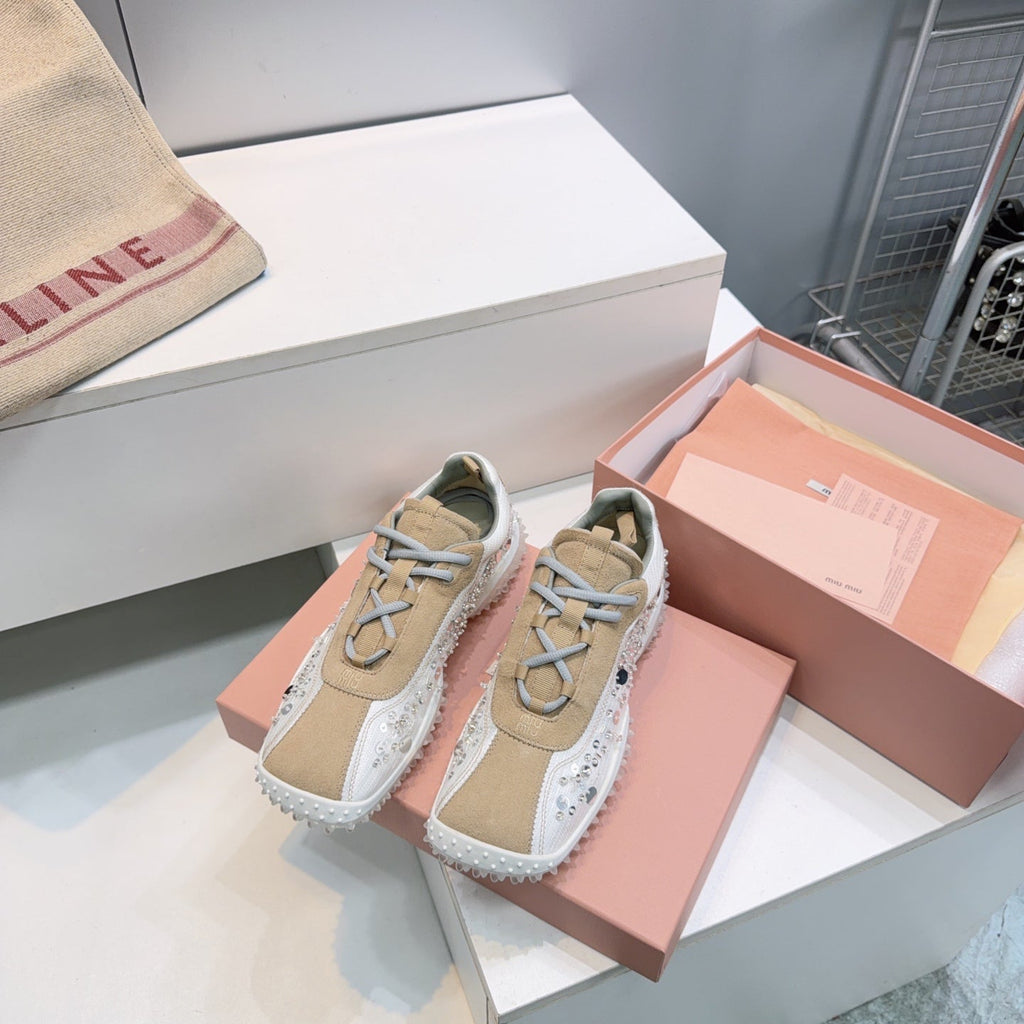 MIUMIU 26S SNEAKERS IN WHITE FABRIC AND BROWN SUEDE CRYSTAL EMBELLISHED