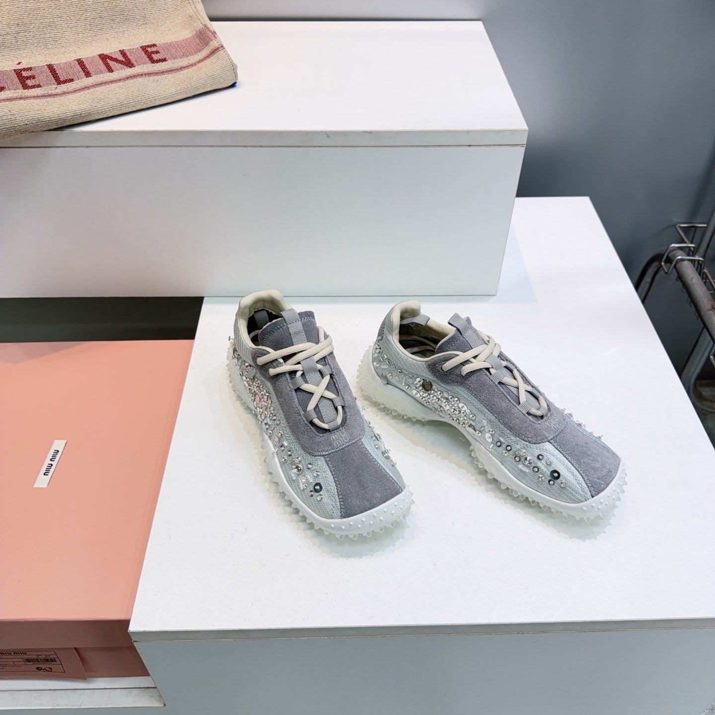 MIUMIU 26S SNEAKERS IN LIGHT GREY FABRIC AND SUEDE CRYSTAL EMBELLISHED