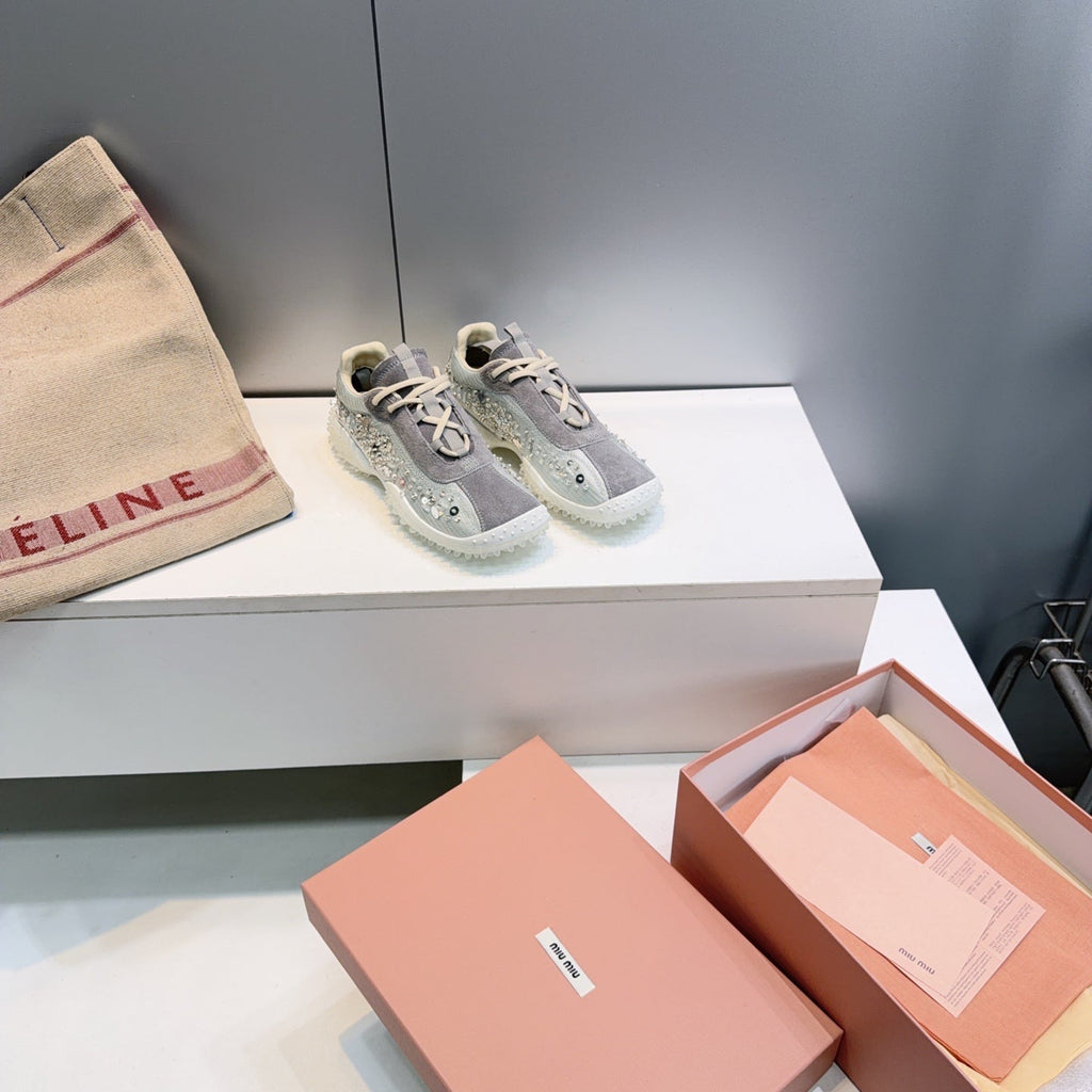 MIUMIU 26S SNEAKERS IN LIGHT GREY FABRIC AND SUEDE CRYSTAL EMBELLISHED