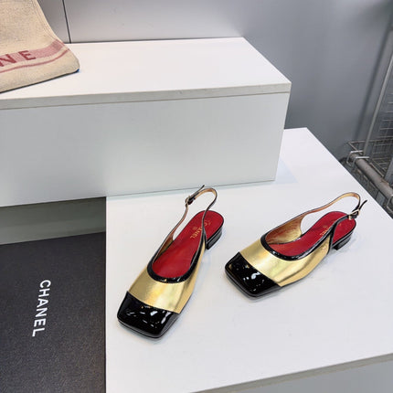 CHANEL 26S SLINGBACK PUMPS IN BLACK AND GOLD PATENT LAMBSKIN