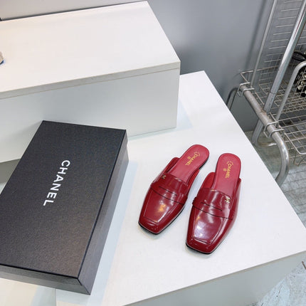 CHANEL 26S LOAFER MULES IN BURGUNDY PATENT LAMBSKIN