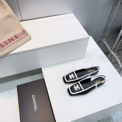CHANEL 26S SLINGBACK FLATS IN BLACK CALFSKIN WITH WHITE PATENT