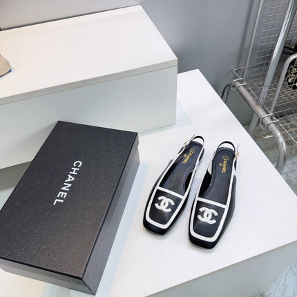 CHANEL 26S SLINGBACK FLATS IN BLACK CALFSKIN WITH WHITE PATENT