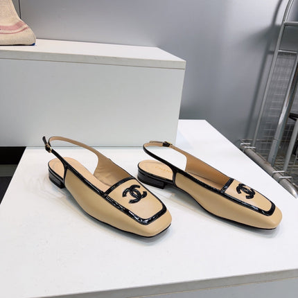CHANEL 26S SLINGBACK FLATS IN BEIGE CALFSKIN WITH BLACK PATENT