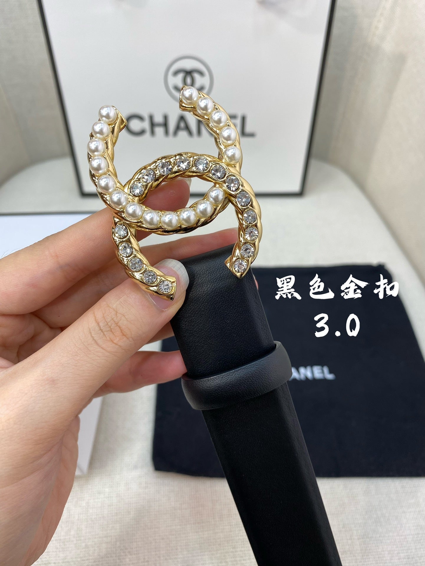 CC BELT 30 MM IN BLACK CALFSKIN WITH GOLD BUCKLE HARDWARE ATTACH PEARL