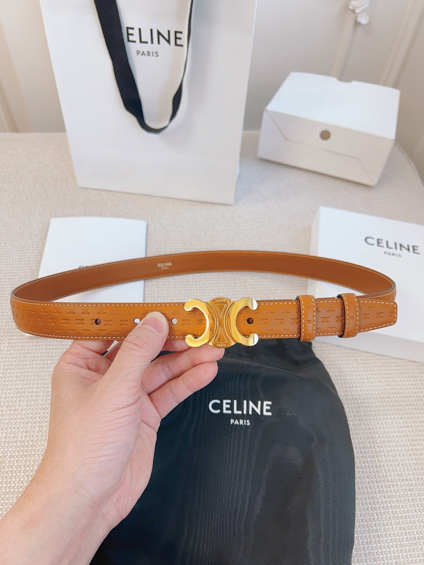 CELINE 25S BELT TRIOMPHE 25MM IN LIGHT BROWN CALFSKIN DEBOSSED LOGO 563331