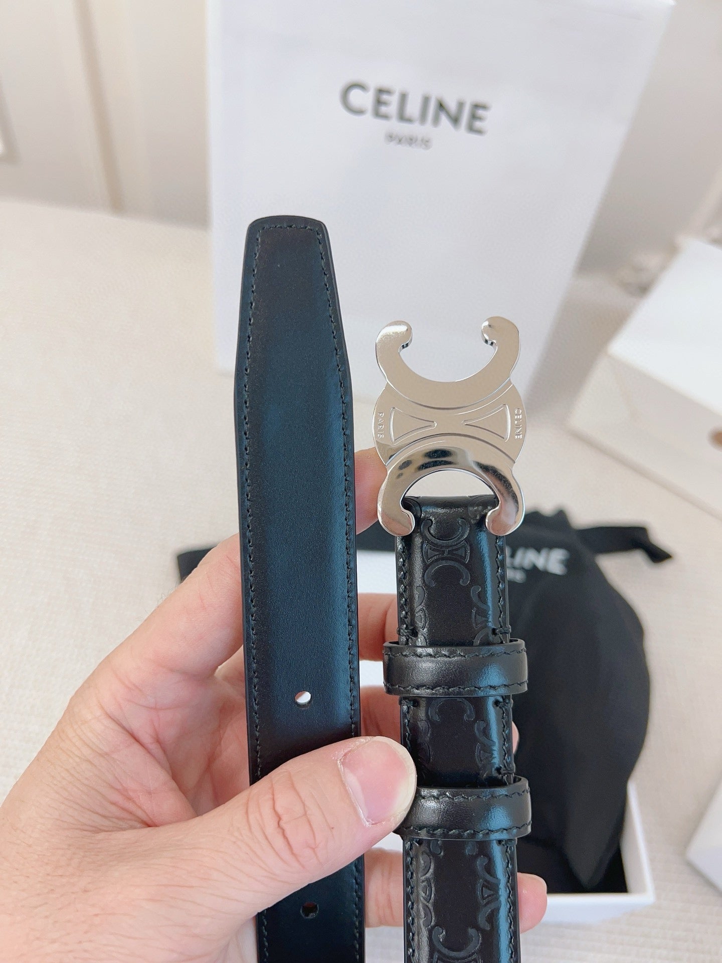 CELINE 25S BELT 25MM TRIOMPHE IN BLACK CALFSKIN SILVER HARDWARE 563333