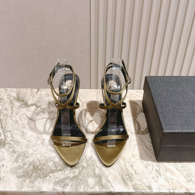 YSL 25S STRAPPY HIGH-HEEL SANDALS 100 MM IN OLIVE GREEN LAMBSKIN