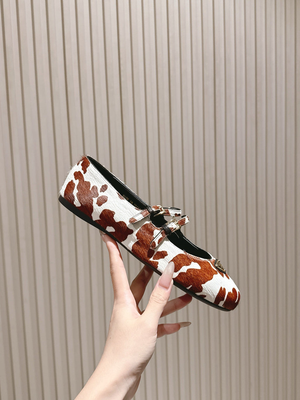 PRADA 25S CRYSTAL EMBELLISHED BALLERINA IN WHITE AND DARK BROWN FUR
