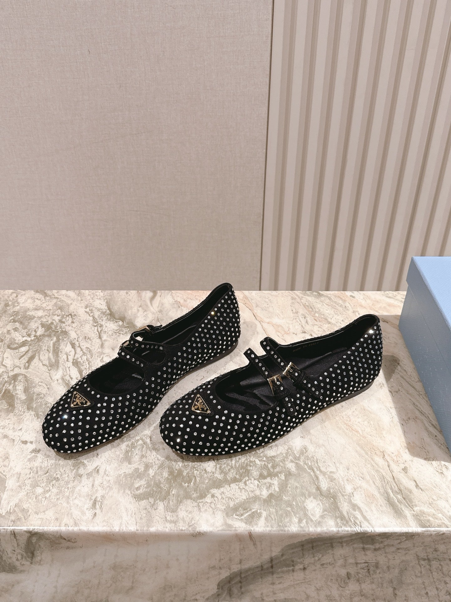 PRADA 25S CRYSTAL EMBELLISHED BALLERINA IN BLACK SUEDE