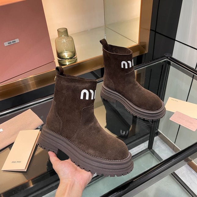 MIUMIU 26S LOGO CHUNKY ANKLE BOOTS IN DARK BROWN SUEDE 