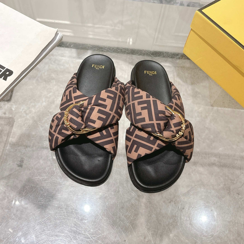 FF KNOT SLIDE SANDALS IN BROWN FABRIC